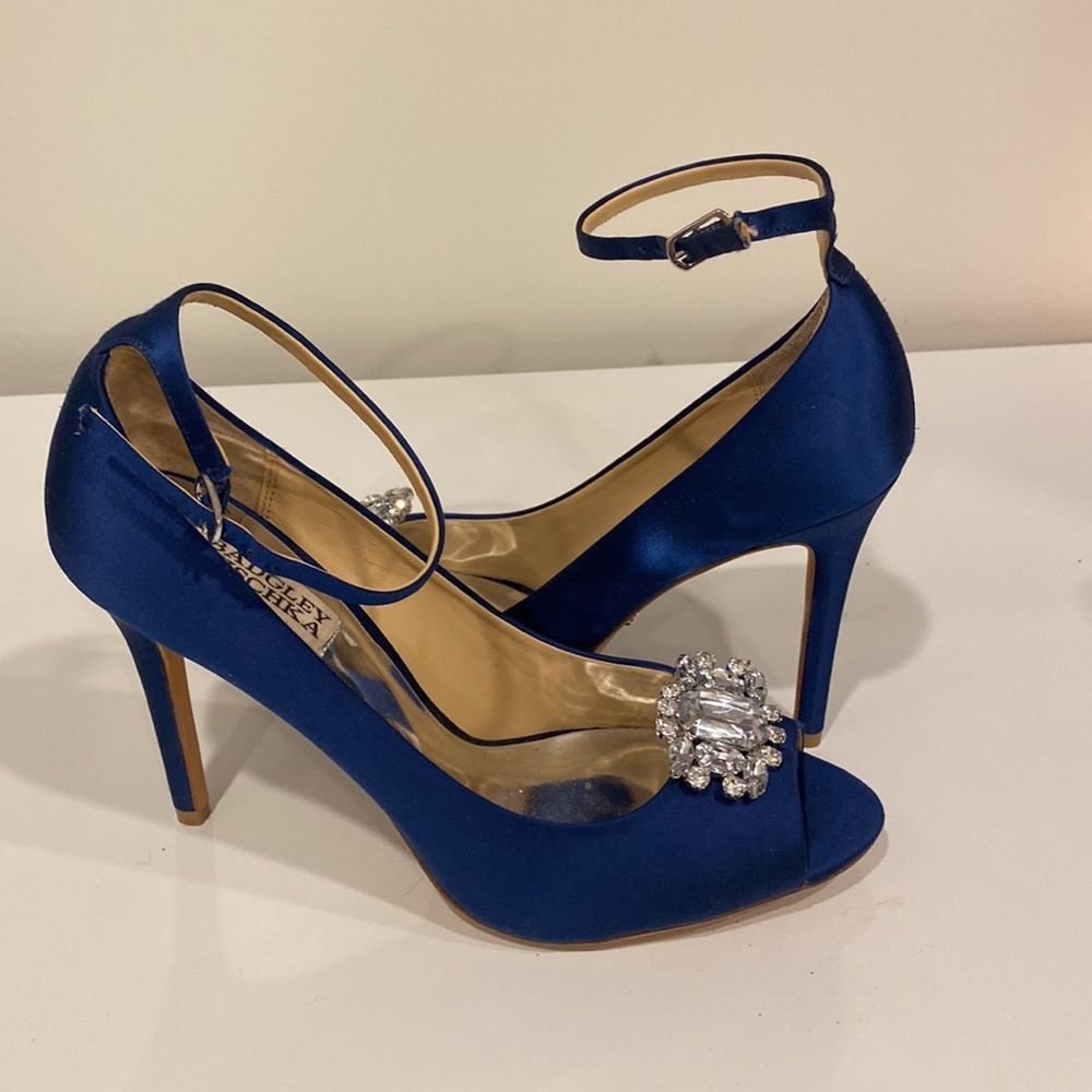 Badgley Mischka Blue Kali Satin Ankle-strap Pumps - Picture 2 of 12